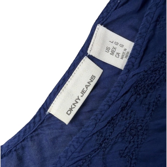 DKNY JEANS Women’s Size L Navy Blue Bat Wing Cotton Embroidered Blouse Flowy - Picture 5 of 10